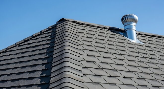 A close-up view of a chimney on a brick house with a blue sky background.