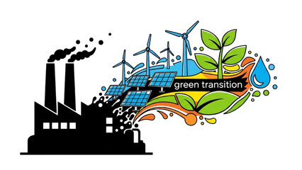 Black outline colorful art of factory silhouette transforming into clean energy symbols, green transition theme