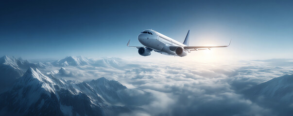 Fototapeta premium Passenger airplane jet flying high in blue sky. Scenic flight over snowy mountain landscape with cloud. Peaceful adventurous travel