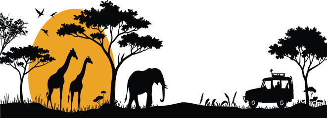 African safari scene with giraffes elephant and safari vehicle against orange sun and white background © Afsun Creative