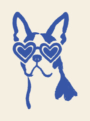 Plakat Boston terrier with heart glasses naive doodle vector illustration