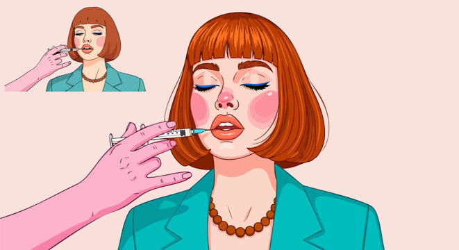 Woman receiving lip filler injection in a cosmetic procedure, with a smaller inset showing the before image. Created in a detailed vector illustration style with a pastel pink background.