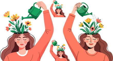 Fototapeta premium Self-care and mental health vector illustration depicting women watering flowers growing from their heads, symbolizing personal growth and well-being. Created in a flat cartoon style with a
