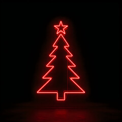 A red neon christmas tree with a star on top in the dark