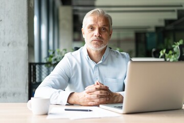 Happy mature European business man ceo trader using computer, typing, working in modern office