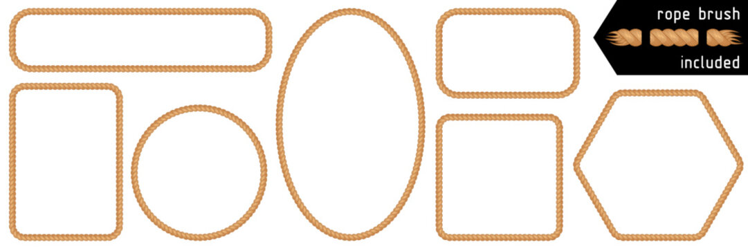 Rope frames. Set of string borders made of brush. Rectangular, round, oval, square, hexagon shapes for decorative sea, nautical, cowboy designs. Vector illustration isolated on white background.