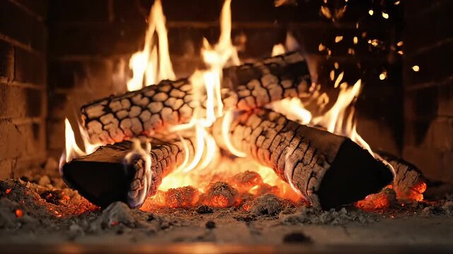 Cozy home fireplace with burning logs and warm flames in a brick hearth at night