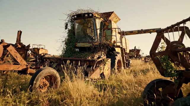Abandoned farm equipment rusting in a field under a warm sunset.