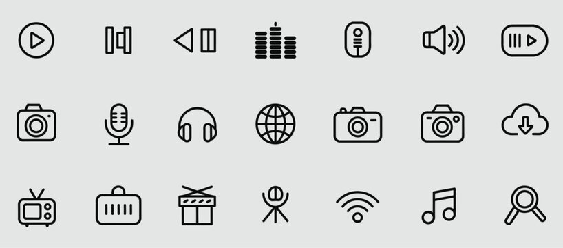 multimedia icons for streaming services, video audio production recording entertainment symbols, minimal style vector icon set for ui web or mobile app content.