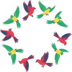 Flying colorful parrots collection flat cartoon style tropical exotic birds in different poses vector illustration set © Hosne