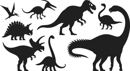 Collection of black dinosaur silhouettes including Tyrannosaurus Rex Stegosaurus Triceratops and Pterodactyl on white background © Afsun Creative