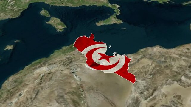 Tunisia Map with Tunisia Flag Inside, Realistic Country Shape Animation