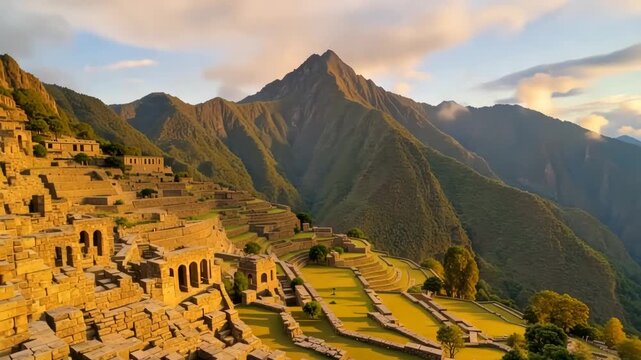 Majestic machu picchu ruins at golden hour with huayna picchu mountain background and terraced landscape