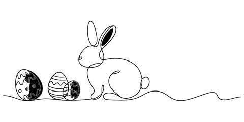 Continuous line drawing of a cute easter bunny sitting next to three decorated easter eggs. Vector, illustration © Single Line Art