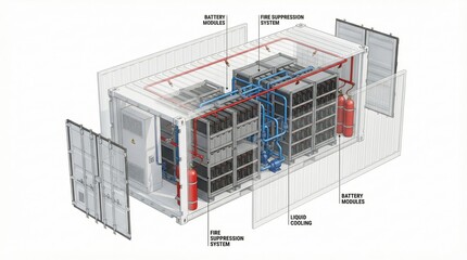 Obraz premium 3D Technical Cutaway of Battery Energy Storage System Container Showing Internal Components and Engineering