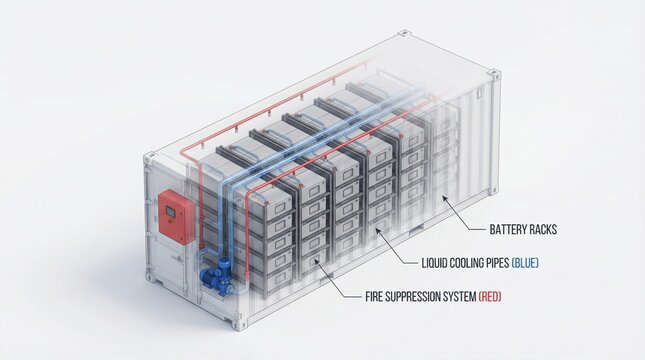 3D Technical Cutaway of Battery Energy Storage System Container Showing Internal Components and Engineering