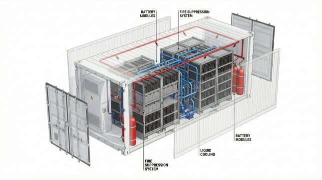 3D Technical Cutaway of Battery Energy Storage System Container Showing Internal Components and Engineering