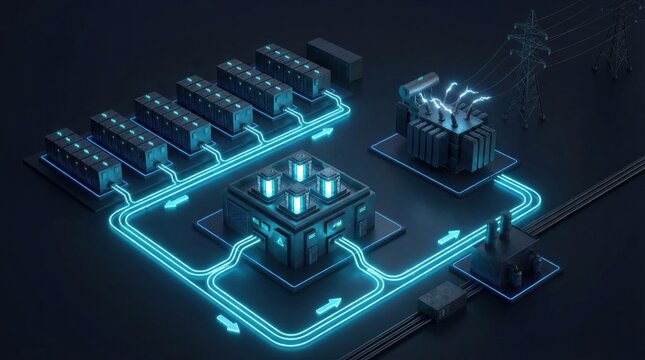 3D Isometric Energy Flow Diagram Showing Battery Storage to Grid Power Connection Infrastructure