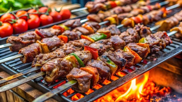 Turkish steak kebab skewers, grilled beef chunks, open flame, spices, metal skewers, street grill scene, photorealistic
