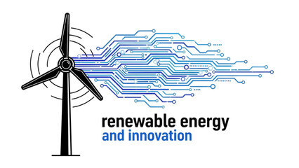Black outline colorful art of wind turbine transforming into digital data lines, renewable energy and innovation concept