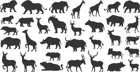 Collection of dark grey animal silhouettes including lions elephants giraffes rhinos deer and other wild animals on a white background © Afsun Creative