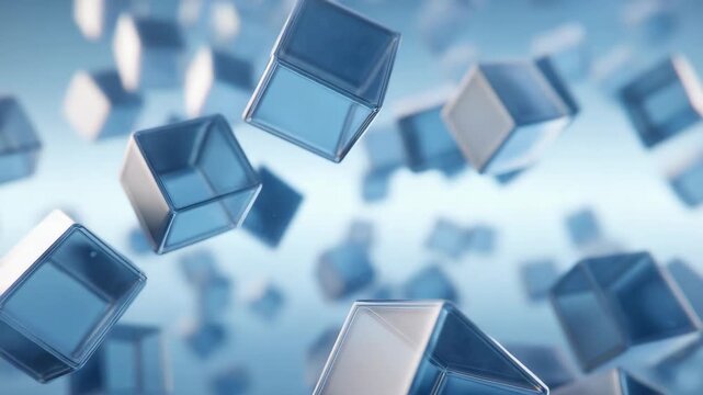 Transparent cube glass floating abstract blue 3d geometric modern technology background design with minimal clean futuristic creative digital pattern, shiny smooth reflection light, elegant floating