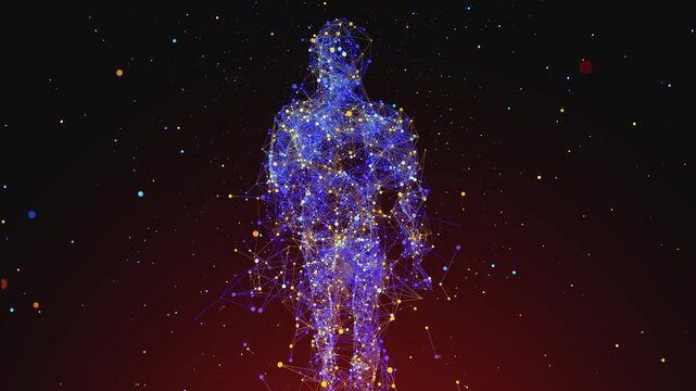 Seamless loop video of a digital human walking silhouette with glowing neural network for AI and technology presentations