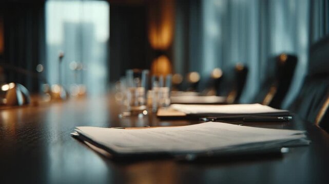 Business meeting document table modern office with glass, pen, chair, and corporate professional atmosphere, stack of paperwork and notepad polished wooden conference table, teamwork negotiation