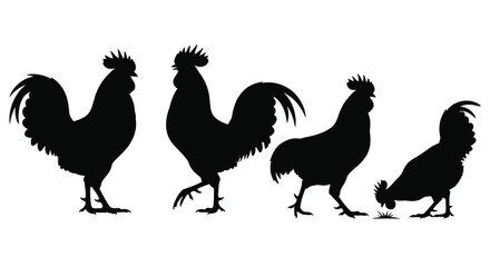 Four black rooster silhouettes displaying proud stances and unique forms © Lhvect02