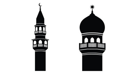 Islamic mosque minarets and dome structures presented in black silhouette © Lhvect02