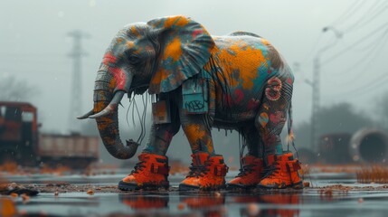 Colorful Painted Elephant Walking in Urban Puddles Wearing Orange Boots