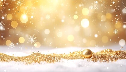 A golden Christmas theme with a snowy base, glittering grains, sparkling lights, and bokeh effects. A single golden ball glistens