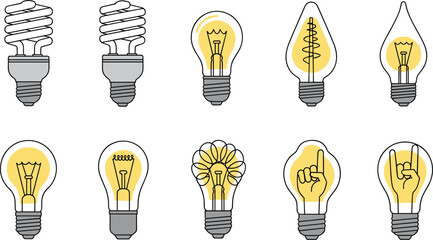 Creative Light Bulb Vector Set Featuring Energy Efficient CFL, Vintage Edison Filaments, and Innovative Hand Gesture Bulbs for Brainstorming, Idea Generation, and Energy Conservation © sojibislam