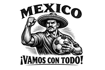 Mexican soccer fan with fist pump and ball, vintage engraving style