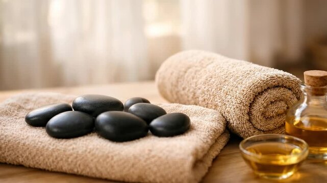 Black hot stones for stone therapy lie on folded towels next to bottles of massage oil.The concept is a wellness treatment, a relaxing ritual, and a lifestyle focused on self-care.