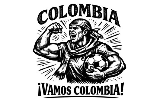 Woodcut style Colombian soccer fan flexing with ball and text