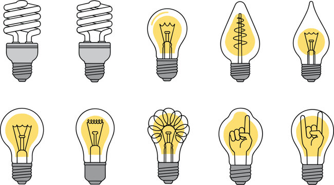 Creative Light Bulb Vector Set Featuring Energy Efficient CFL, Vintage Edison Filaments, and Innovative Hand Gesture Bulbs for Brainstorming, Idea Generation, and Energy Conservation