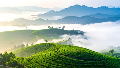 Fototapeta premium Lush green tea plantations nestled among rolling hills, veiled in morning mist, creating a serene and picturesque landscape