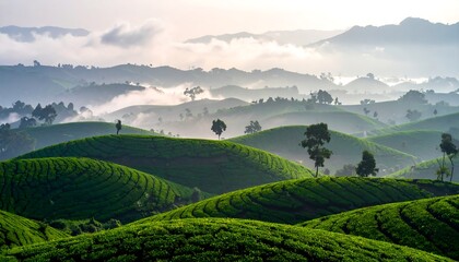 Fototapeta premium Misty green hills of a tea plantation under the soft morning light, showcasing a serene landscape