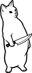 Illustration of a cat standing while holding a kitchen knife