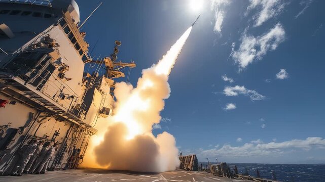 U.S. Navy Missile Launch from Ship Deck: Dramatic Scene of Ordnance Firing Over Ocean Waters.
