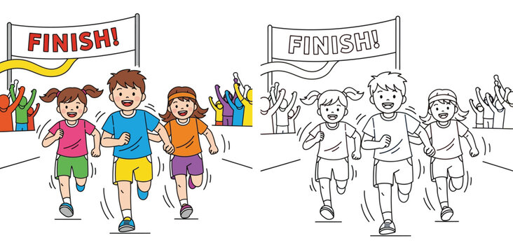 Cute children running race to finish line coloring book page. Vector illustration of kids marathon runner with colored example and black and white line art.