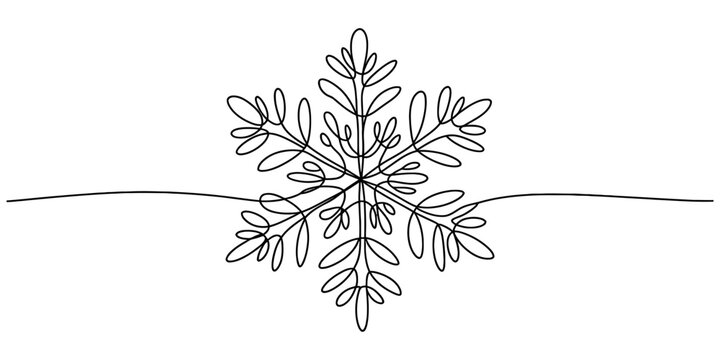 Continuous line drawing of a snowflake with a horizontal line passing through its center. Vector, illustration