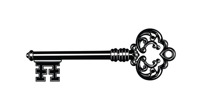 An ornate antique style key is prominently displayed against a stark white background a bold silhouette high quality professional detailed