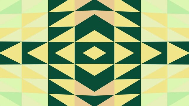 A dynamic abstract animation showcasing a symmetrical geometric pattern composed of various triangles and squares in vibrant green, yellow and teal hues. 