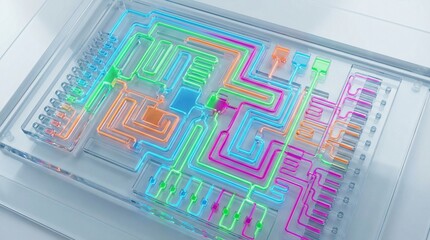 Obraz premium Vibrant neon circuit board with colorful glowing pathways