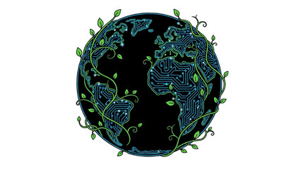 Black outline colorful illustration of digital Earth with circuit board continents and green vines, AI sustainability, eco technology, global innovation concept