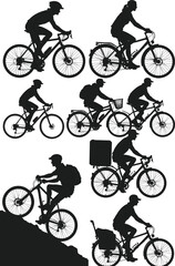 Cyclist silhouettes collection, mountain and road bike riders in different poses, cycling sport vector illustration isolated on white background