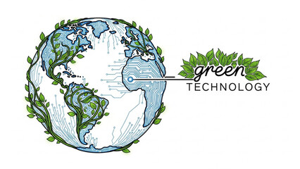 Black outline illustration of a globe formed from blue circuit lines and intertwined organic vines, green technology, sustainable innovation concept