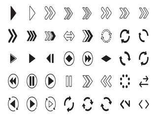 Collection of various play pause and rewind button icons in different styles and designs